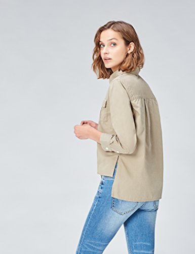 Marca Amazon - find. Camisa de Manga Larga con Bolsillos para Mujer, Verde (Khaki), 42, Label: L