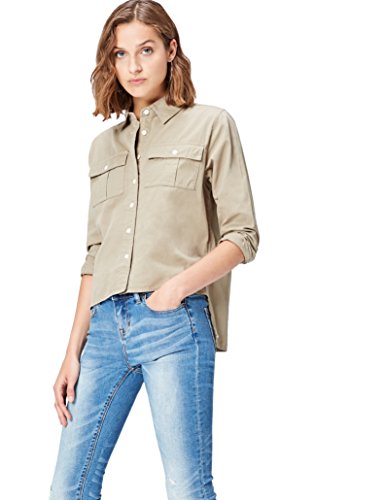 Marca Amazon - find. Camisa de Manga Larga con Bolsillos para Mujer, Verde (Khaki), 42, Label: L