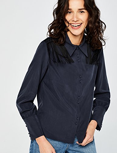 Marca Amazon - find. Camisa Fluida con Detalle de Flecos Mujer, Azul (Indigo), 38, Label: S