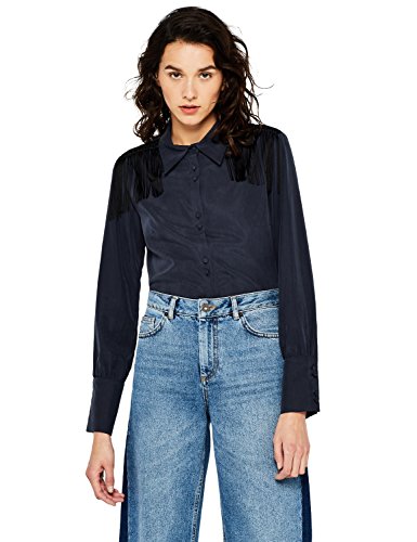 Marca Amazon - find. Camisa Fluida con Detalle de Flecos Mujer, Azul (Indigo), 38, Label: S