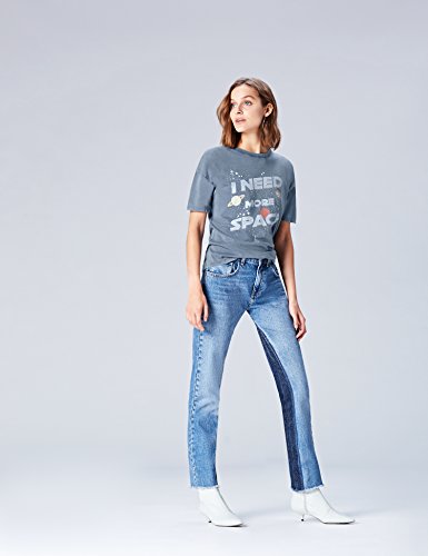 Marca Amazon - find. Camiseta con Mensaje con Cuello Redondo Mujer, Azul (Grey), 36, Label: XS