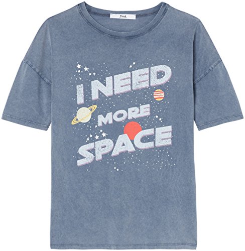 Marca Amazon - find. Camiseta con Mensaje con Cuello Redondo Mujer, Azul (Grey), 36, Label: XS