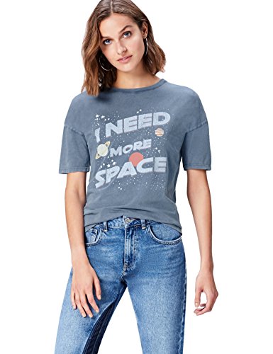 Marca Amazon - find. Camiseta con Mensaje con Cuello Redondo Mujer, Azul (Grey), 36, Label: XS