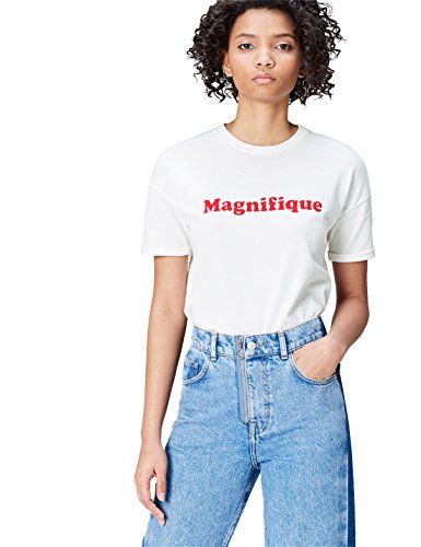 Marca Amazon - find. Camiseta con Mensaje con Cuello Redondo Mujer, Blanco (White), 38, Label: S