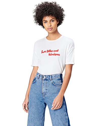 Marca Amazon - find. Camiseta con Mensaje con Cuello Redondo Mujer, Blanco (White), 40, Label: M