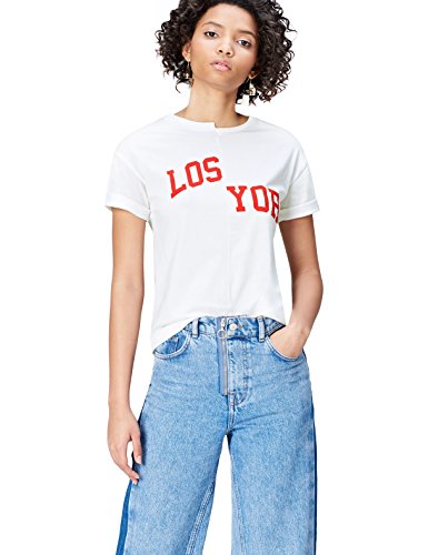 Marca Amazon - find. Camiseta con Mensaje con Cuello Redondo Mujer, Blanco (White), 40, Label: M