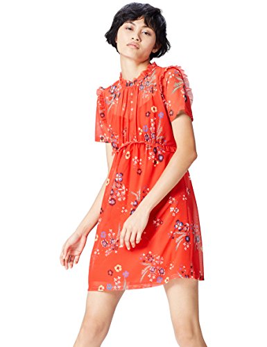Marca Amazon - find. Vestido Corto de Flores Mujer, Multicolor (Red Mix), 36, Label: XS