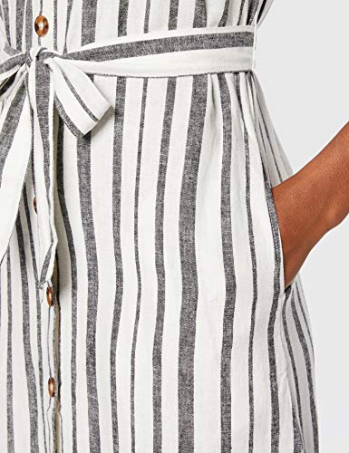Marca Amazon - find. Vestido Midi Camisero de Lino Mujer, Multicolor (BLACK /WHITE STRIPE), 44, Label: XL