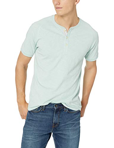 Marca Amazon - Goodthreads – Camiseta estilo Henley de algodón flameado de manga corta, ligera para hombre, Azul (Light Aqua Lig), US M (EU M)