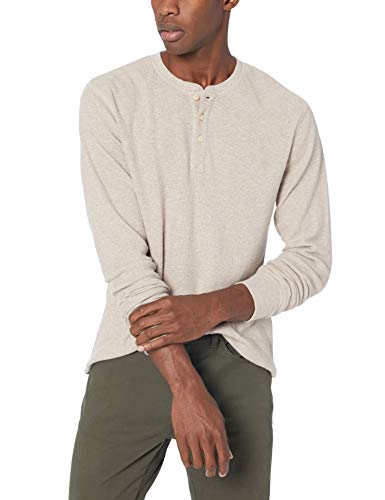 Marca Amazon - Goodthreads - Camiseta térmica flameada de manga larga y cuello Henley para hombre, Beige (heather oatmeal), US L (EU L)