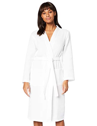 Marca Amazon - IRIS & LILLY Albornoz de Algodón con Textura Mujer, Blanco (White), M, Label: M