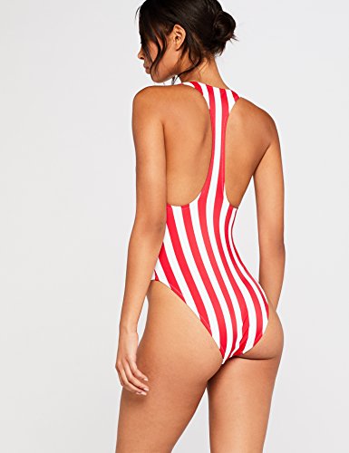 Marca Amazon - IRIS & LILLY Bañador Clásico con Espalda de Nadador Mujer, Rojo (Red Stripe Print), M, Label: M