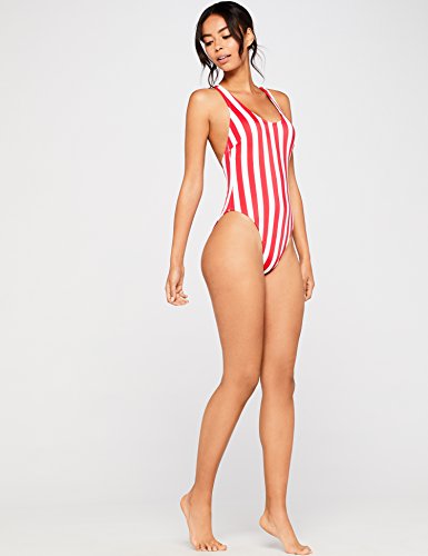 Marca Amazon - IRIS & LILLY Bañador Clásico con Espalda de Nadador Mujer, Rojo (Red Stripe Print), M, Label: M