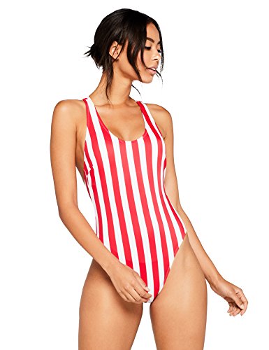Marca Amazon - IRIS & LILLY Bañador Clásico con Espalda de Nadador Mujer, Rojo (Red Stripe Print), S, Label: S