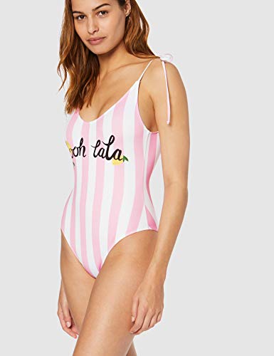 Marca Amazon - IRIS & LILLY Bañador Mujer, Rosa (Pink Stripe), M, Label: M