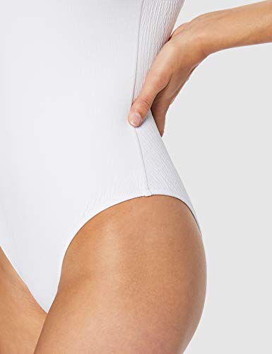 Marca Amazon - Iris & Lilly Bañador pierna alta con tejido textura Mujer, Blanco (White), M, Label: M