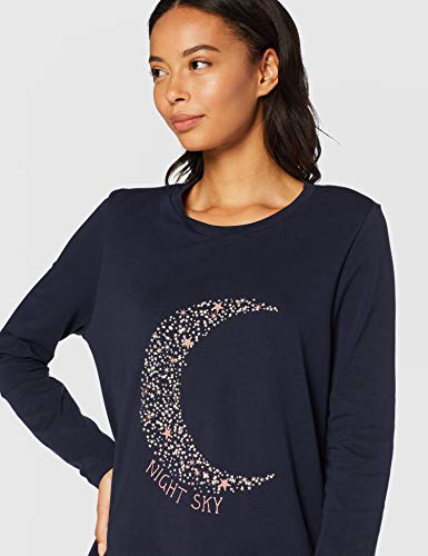 Marca Amazon - IRIS & LILLY Camisón de Manga Larga de Algodón Mujer, Azul (Night Sky), S, Label: S