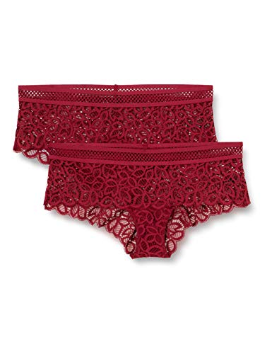 Marca Amazon - IRIS & LILLY Culotte de Crochet y Encaje Mujer, Pack de 2, Rojo (Rhododendron), S, Label: S