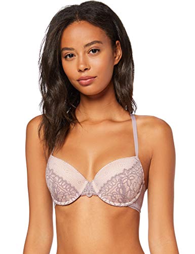 Marca Amazon - IRIS & LILLY Sujetador de Encaje Estilo Camiseta Mujer, Beige (Ice Coffee/Cameo Rose), 95D, Label: 36D