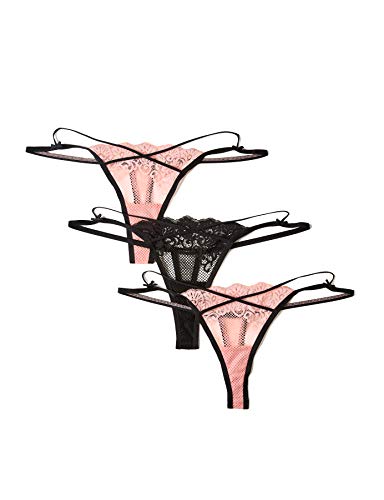 Marca Amazon - IRIS & LILLY Tanga de Encaje Mujer, Pack de 3, Multicolor (Bridal Rose/Black), L, Label: L