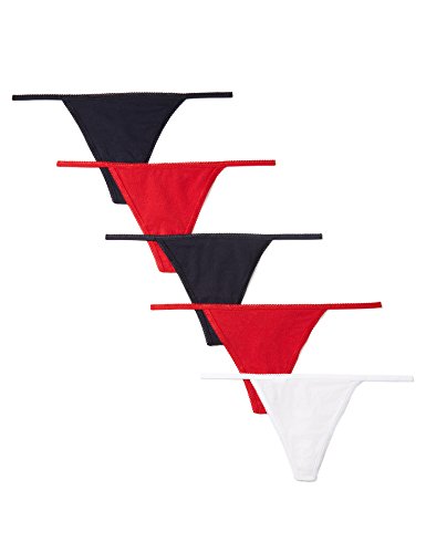 Marca Amazon - IRIS & LILLY Tanga de Hilo de Algodón Mujer, Pack de 5, Multicolor (Night Sky/ Scarlet Sage/ White), XL, Label: XL