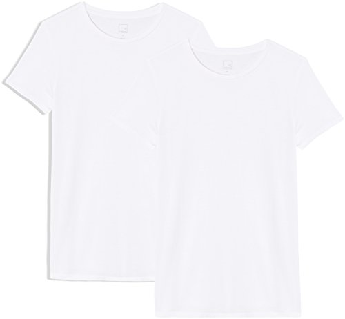 Marca Amazon - MERAKI 2 Pack Crew Neck, Camiseta con Cuello Redondo Mujer, Lot de 2, Blanco (White/White), 40, Label: M