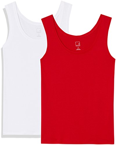 Marca Amazon - MERAKI Camiseta Slim Fit Mujer Cuello Redondo, Pack de 2, Rojo (Racing Red/White), 36, Label: XS