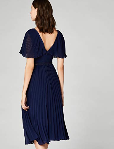 Marca Amazon - TRUTH & FABLE Vestido Plisado con Manga de Vuelo Mujer, Azul (Blue Blue), 40, Label: M