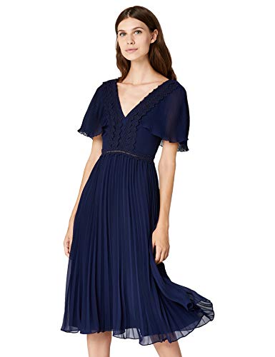 Marca Amazon - TRUTH & FABLE Vestido Plisado con Manga de Vuelo Mujer, Azul (Blue Blue), 40, Label: M