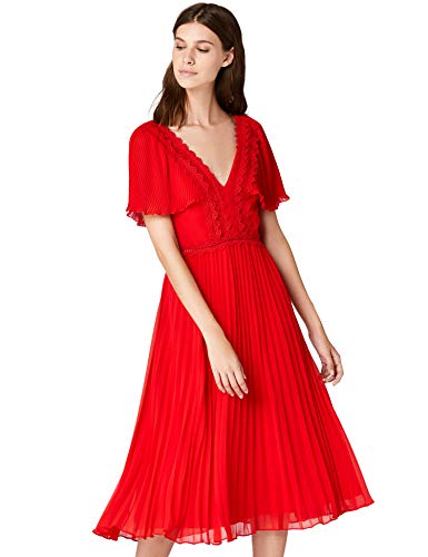 Marca Amazon - TRUTH & FABLE Vestido Plisado con Manga de Vuelo Mujer, Rojo (Red Red), 44, Label: XL