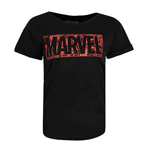 Marvel Comic Logo Camiseta, Negro (Black Blk), L para Mujer