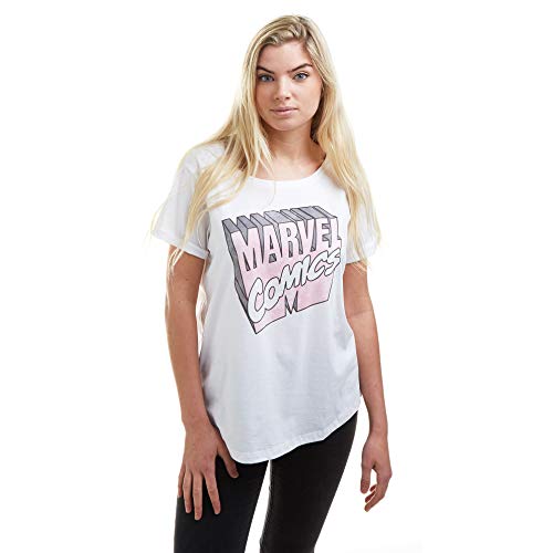 Marvel Retro 3D Logo Camiseta, White, Medium para Mujer