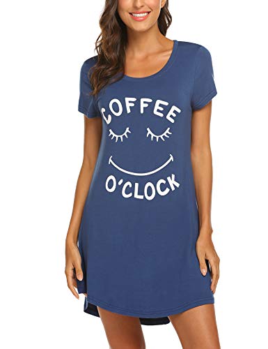 MAXMODA - Camisón de mujer de algodón estampado, manga corta, cuello alto y bajo 1A-azul marino L