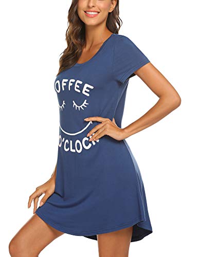 MAXMODA - Camisón de mujer de algodón estampado, manga corta, cuello alto y bajo 1A-azul marino L