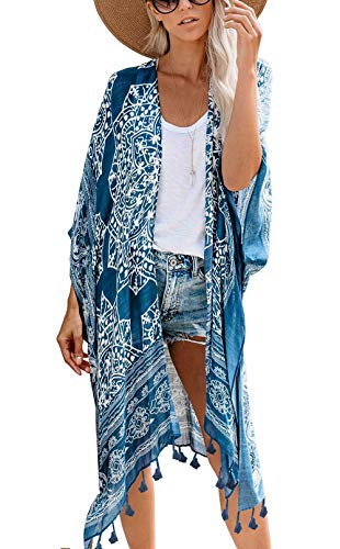 May Story Kimono de verano para mujer, con estampado, manga corta, blusa larga, ropa de playa, informal, poncho azul Talla única
