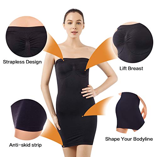 +MD Fajas de Tirantes sin Tirantes para Mujer Deslizamiento Completo de Control de la Barriga sin Fisuras dirigida dirigida sin Fisuras Vestidos Debajo de los Vestidos BlackL