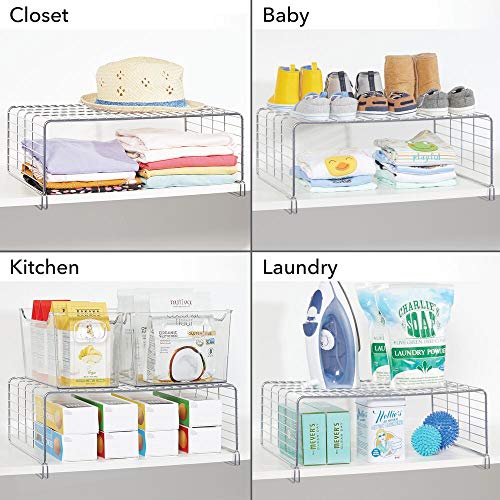 mDesign Cesta metálica para ordenar armarios – Moderno separador de estantes de metal con dos niveles para guardar ropa – Organizador de armarios para dormitorio, cocina, pasillo y oficina – plateado