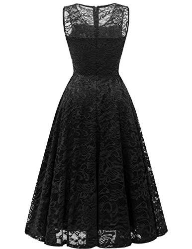 Meetjen Vestido Cóctel Fiesta Dama De Honor Mujeres V-Cuello Sin Mangas de Encaje Floral Asimétrico Midi Black XS