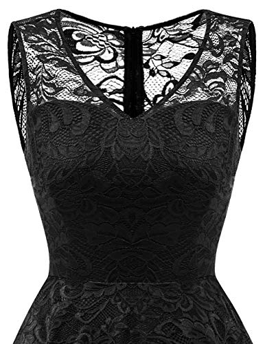 Meetjen Vestido Cóctel Fiesta Dama De Honor Mujeres V-Cuello Sin Mangas de Encaje Floral Asimétrico Midi Black XS