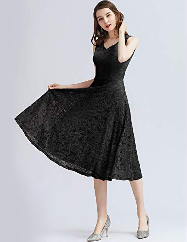 Meetjen Vestido Cóctel Fiesta Dama De Honor Mujeres V-Cuello Sin Mangas de Encaje Floral Asimétrico Midi Black XS