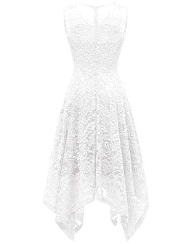 Meetjen Vestido Cóctel Fiesta Dama De Honor Mujeres V-Cuello Sin Mangas de Encaje Floral Asimétrico White 2XL