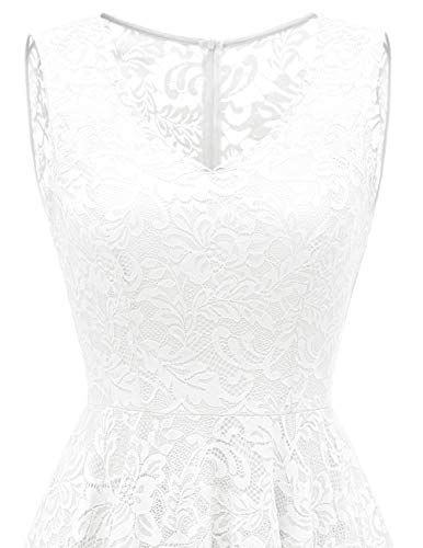 Meetjen Vestido Cóctel Fiesta Dama De Honor Mujeres V-Cuello Sin Mangas de Encaje Floral Asimétrico White 2XL