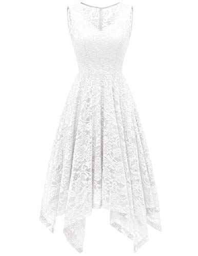 Meetjen Vestido Cóctel Fiesta Dama De Honor Mujeres V-Cuello Sin Mangas de Encaje Floral Asimétrico White 2XL