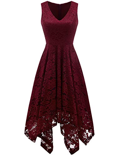 Meetjen Vestido de Coctel Fiesta Ceremonia Dama De Honor Mujeres V-Cuello Sin Mangas Encaje Floral Asimétrico Burgundy 2XL