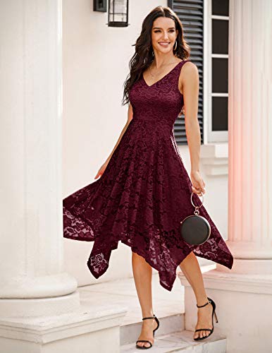 Meetjen Vestido de Coctel Fiesta Ceremonia Dama De Honor Mujeres V-Cuello Sin Mangas Encaje Floral Asimétrico Burgundy 2XL