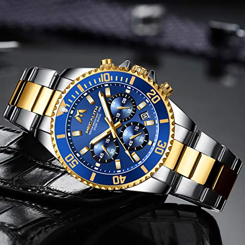 MEGALITH Reloj Hombre Oro Acero Inoxidable Relojes de Pulsera Grande Cronógrafo Relojes Impermeable Diseñador Reloj Analógico Hombre Esfera Azul Luminosa Fecha