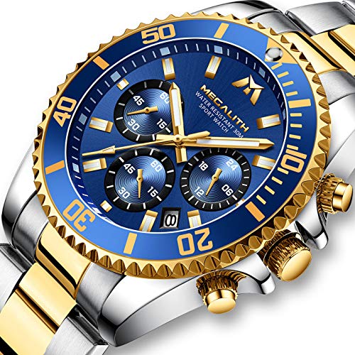 MEGALITH Reloj Hombre Oro Acero Inoxidable Relojes de Pulsera Grande Cronógrafo Relojes Impermeable Diseñador Reloj Analógico Hombre Esfera Azul Luminosa Fecha