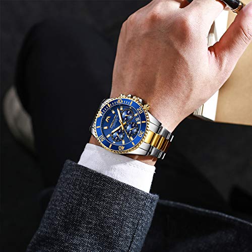 MEGALITH Reloj Hombre Oro Acero Inoxidable Relojes de Pulsera Grande Cronógrafo Relojes Impermeable Diseñador Reloj Analógico Hombre Esfera Azul Luminosa Fecha
