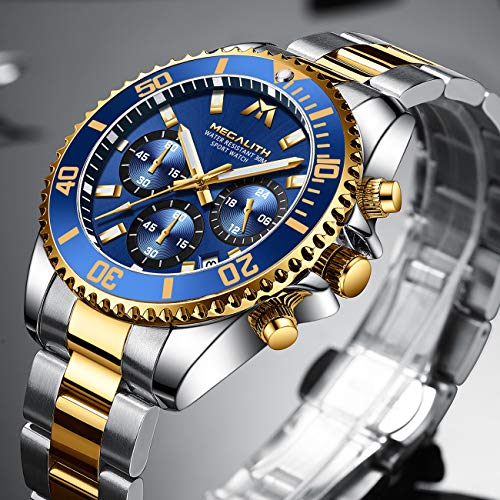 MEGALITH Reloj Hombre Oro Acero Inoxidable Relojes de Pulsera Grande Cronógrafo Relojes Impermeable Diseñador Reloj Analógico Hombre Esfera Azul Luminosa Fecha
