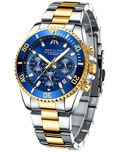MEGALITH Reloj Hombre Oro Acero Inoxidable Relojes de Pulsera Grande Cronógrafo Relojes Impermeable Diseñador Reloj Analógico Hombre Esfera Azul Luminosa Fecha